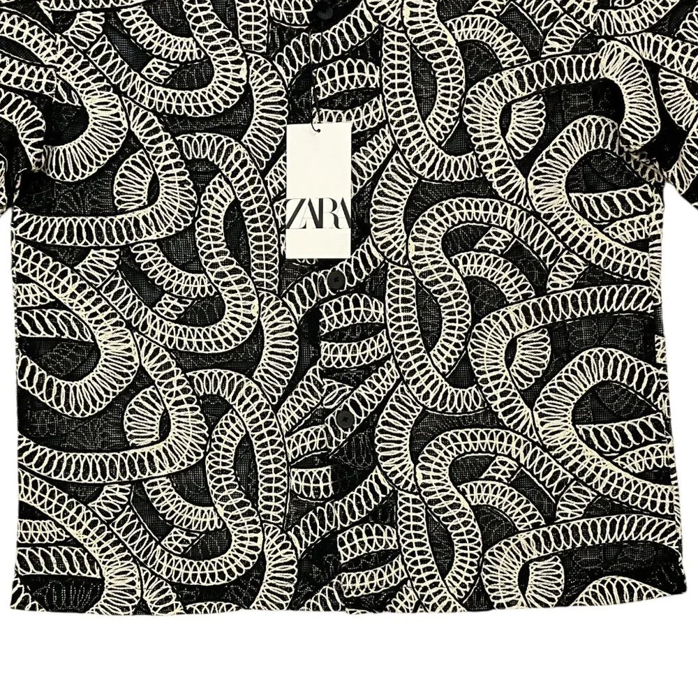 Zara Jacquard Shirt With Contrasting Details Top M Black Embroidery NEW - Picture 8 of 11